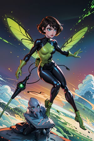 Create a realistic and detailed full-body shot of Shannet, Athletic build with a hint of curvaceousness, pale skin with a subtle pearlescent sheen, Sharp angled features, full expressive lips, Striking green eyes with flecks of gold, long dark hair styled in a sleek asymmetrical bob with sharp bangs, A black and green flightsuit, green sections feature a subtle scale-like texture, Black accents on the flightsuit form sleek geometric patterns, A black belt with a prominent circular buckle, Transparent blackge and green insect-wings, insect-inspired elements, subtle antennae or iridescent accents, 4K, masterpiece, best quality, wasp, short hair, sh1, gloves, multicolored bodysuit, makeup,wasp, blue eyes