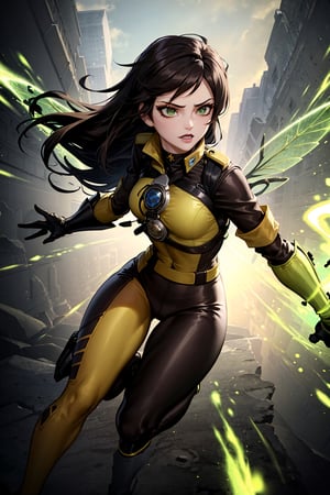 an accurate and detailed full-body shot of a female character named Sheva, Petite, athletic, curvaceous, Pale and pearlescent skin, expressive lips with black lipstick, (Medium length Dark brown hair), asymmetrical and spiky bangs hairstyle, her eyes are Sharp and confident with dark green iris and gold highlights, Green and Yellow Flightsuit with orange trim, black corset, (black and orange leggings), the word 'PULSE' printed on the leggings, (Yellow and black athletic combat boots with white trim), (White chronal accelerator harness attached to the chest), (Two orange-green insect-wings), (White gauntlet gloves), prominent circular belt buckle, Green goggles on top of her head, 4K, masterpiece, high quality, tracer_overwatch, goggles, chest harness, bomber jacket, bodysuit, sh1, green eyes, gloves, multicolored bodysuit, makeup, wasp