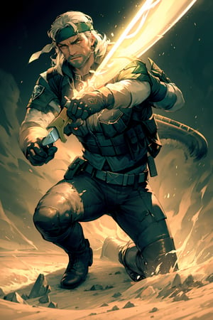 an accurate and detailed full body shot of an adult male character named The Basilisk, muscular and athletic build, Rugged, scarred face, strong jawline, stuble beard, Medium length unkempt hair, Silver hair color, (headband:1.4), (glowing green eyes:1.1), leather jacket with lightweight metal plates, (tactical vest with basilisk emblem:1.4), long sleeves, Fingerless gloves, Utility belt with pouches and holsters, Combat pants, reinforced knee pads, Heavy-duty combat boots, (holding combat knife:1.2), masterpiece, high quality, 4K, Big Boss, the punisher, pastel
