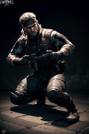 an accurate and detailed full body shot of an adult male character named The Basilisk, muscular and athletic build, Rugged, scarred face, strong jawline, stuble beard, Medium length unkempt hair, Silver hair color, (headband:1.4), green eyes, leather jacket with lightweight metal plates, (tactical vest with basilisk emblem:1.4), long sleeves, Fingerless gloves, Utility belt with pouches and holsters, Combat pants, reinforced knee pads, Heavy-duty combat boots, (holding combat knife:1.2), masterpiece, high quality, 4K, Big Boss, the punisher