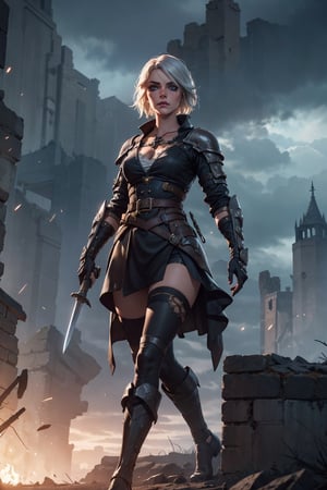 In a dramatic and detailed full-length portrait, depict the formidable Ribiri, a fusion of Ciri, 2B, and Riven. Render Ribiri's full body with intense realism, highlighting her vibrant eyes and strong features. Dress her in a unique blend of medieval peasant, victorian gothic cyberpunk, and high fantasy sword fighter attire. Emphasize intricate details in her armor, combining metal, leather, and futuristic elements. The background should complement her character, perhaps an ancient ruined castle amidst a stormy sky. Illuminate her face with moody lighting, crafting an intense atmosphere. ciriW3_soul3142, League of Legends