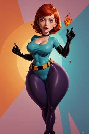 an accurate and detailed full-body shot of Lori, Bright slightly curled red hair, Auburn retro waves for hair with fiery-red streaks, Doe-eyes with long lashes and fair complexion, (vibrant violet eyes with warmth and determination), freckles on her cheeks, soft lips, slender hourglass body, Round bust and shapely legs, muscular yet feminine, curvy butt and wide hips, ((magenta purple skin-tight bodysuit with teal-green trim)), neck choker, high collar, science logo on the chest, (black utility belt with ghost-hunting gadgets), nightvision goggles on head, black gloves with yellow highlights, black heeled-pumps, masterpiece, high quality, 4K, Madeline Fenton (Danny Phantom), dextersmom, gloves, jewelry, helenparr, half apron