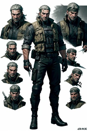 an accurate and detailed full body shot of an adult male character named The Basilisk, muscular and athletic build, Rugged, scarred face, strong jawline, stuble beard, Medium length unkempt hair, Silver hair color, (headband:1.2), green eyes, leather jacket with lightweight metal plates, (tactical vest with basilisk symbol motif:1.3), Fingerless gloves, Utility belt with pouches and holsters, Combat pants, reinforced knee pads, Heavy-duty combat boots, (holding combat knife:1.2), masterpiece, high quality, 4K, Big Boss, punisher, armor