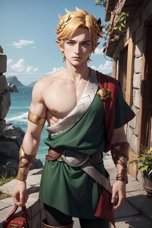 full-length shot, Zink has messy roughly chopped black hair with an unruly blond tuft falling over the left side of his forehead, Through the blond hair is a vivid streak of red, atop his colorful hair is a green stocking hat sporting pointed ears like Link's cap, with a small gold leaf-shaped brooch pinned on one side instead of Zagreus' crown, Framed by locks of blonde and black Zink has pale ivory skin, piercing eyes that mysteriously shift from reddish-orange to ocean blue, He wears a dark forest green tunic like Link's though styled more closely to Zagreus’ Greek chiton, one arm and shoulder uncovered, The tunic is bound at the waist by Zagreus’ ornate belt and bull head buckle, engraved now with swirling leaf patterns, Zink wears one brown leather bracer, Around his neck and feet and remaining arm are wrapped leather straps decorated with small golden loops and studs, Zink sports a unique look suggesting a haunted and mysterious origin story as he pursues adventure and defies evil forces, zagreus, Laurel crown, Single bare shoulders, Spiked hair, Greek clothes, ootLink,zagreus