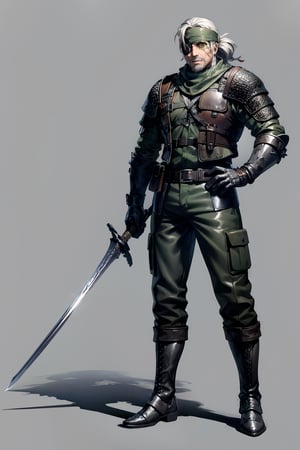 an accurate and detailed full body shot of an adult male character named The Serpent, determined expression, muscular and agile build, white hair, (short ponytail), (bandana:1.2), (right eyepatch:1.5), (left green eye:1.5), beard stubble, (medieval military style), fitted army fatigues, (chainmail and leather armor:1.3), swords on back, Utility Belt with potions and holster, Tactical camouflage pants, Heavy-duty combat boots, weathered and worn, masterpiece, high quality, 4K, Big Boss,