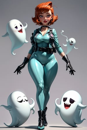 an accurate and detailed full-body shot of Sadie, tall, curvy, wide hips, huge butt, athletic, rich auburn hair in a 1950s coiffed bob hairstyle with bangs, Freckles on cheeks, dark Violet eyes with green flecks, rosy cheeks, luscious lips, (vibrant teal skintight ghost-hunting bodysuit with longsleeves), (pale-green open vest), (black utility belt with technological gadgets), (green gloves), (Green heeled boots), Teal choker necklace, Quirky and sweet, retro and sci-fi, masterpiece, best quality, 4K, Madeline Fenton (Danny Phantom), dextersmom, gloves, jewelry,dextersmom