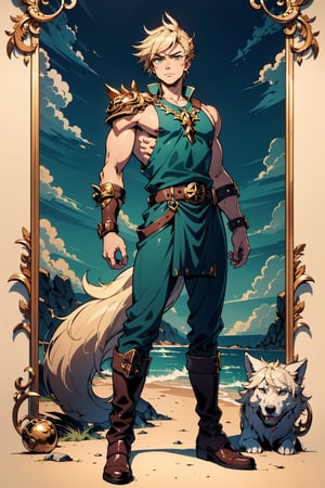 A wide angle full-length shot of Zepheus, Zepheus has a lean yet muscular warrior’s build, dirty blonde hair styled in a swept-back manner partially covering one piercing blue-green eye, His fair olive skin tone contrasts with his hair, Defined facial features like jawline and cheekbones, His outfit features a combat dark blue-green tunic with gold embellishments and intricate patterns, Greek-style leather greaves and vambraces have steampunk-esque accents, Earth-toned fantasy boots are accented in bronze and copper, a metal wolf skull pauldron over one shoulder adds a touch of fantasy, Red colored trim details throughout the ensemble tie the look together and symbolize Zepheus’ connection to underworld deities and realms, his design reflects his unique heritage and conflicting loyalties, masterpiece, high details, 4K, Zepheus, tunic, wolf head pauldron, vambraces, laural