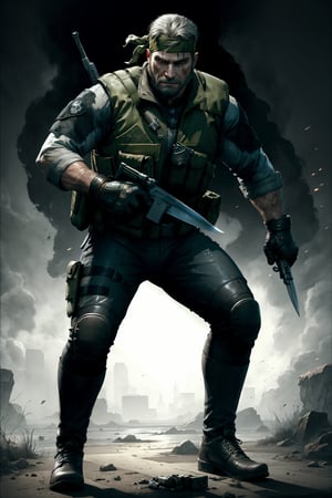 an accurate and detailed full body shot of an adult male character named The Basilisk, muscular and athletic build, Rugged, scarred face, strong jawline, stuble beard, Medium length unkempt hair, Silver hair color, (headband:1.4), glowing green eyes, leather jacket with lightweight metal plates, (tactical vest with basilisk emblem:1.4), long sleeves, Fingerless gloves, Utility belt with pouches and holsters, Combat pants, reinforced knee pads, Heavy-duty combat boots, (holding combat knife:1.2), masterpiece, high quality, 4K, Big Boss, the punisher