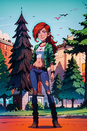 an accurate and detailed full body shot of a young adult female character named Vindy, 1girl, tall, slender, athletic build, Vibrant orange-red hair, (long and wavy hair:1), (spiky bangs:1), (loose ponytail:1), expressive eyes, pink eyes, relaxed expression, Heart-shaped face with freckles, a mischievous grin, lipstick, black choker, (A cropped green plaid flannel shirt), (opened long-sleeve jacket:1.3), (a graphic-tee of a tree symbol underneath:1.5), midriff, (ripped skinny black jeans:1.2), (purple colored belt:1.6), (Ankle boots:1.5), (dark-blue colored boots:1.3), girl-next-door vibe, masterpiece, high quality, 4K,