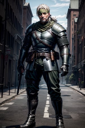 an accurate and detailed full body shot of an adult male character named The Serpent, determined expression, muscular and agile build, white hair, (short ponytail), (bandana:1.2), (right eyepatch:1.5), (left green eye:1.5), beard stubble, (medieval military style), fitted army fatigues, (chainmail and leather armor:1.3), swords on back, Utility Belt with potions and holster, Tactical camouflage pants, Heavy-duty combat boots, weathered and worn, masterpiece, high quality, 4K, Big Boss,