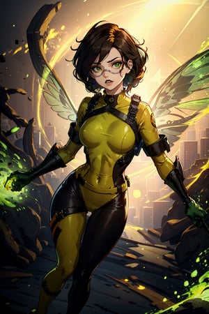 an accurate and detailed full-body shot of a female character named Sheva, Petite, athletic, curvaceous, Pale and pearlescent skin, expressive lips with black lipstick, (Medium length Dark brown hair), asymmetrical and spiky bangs hairstyle, her eyes are Sharp and confident with dark green iris and gold highlights, Green and Yellow Flightsuit with orange trim, black corset, (black and orange leggings), the word 'PULSE' printed on the leggings, (Yellow and black athletic combat boots with white trim), (White chronal accelerator harness attached to the chest), (Two orange-green insect-wings), (White gauntlet gloves), prominent circular belt buckle, Green goggles on top of her head, 4K, masterpiece, high quality, tracer_overwatch, (goggles), chest harness, bomber jacket, bodysuit, sh1, green eyes, gloves, multicolored bodysuit, makeup, wasp