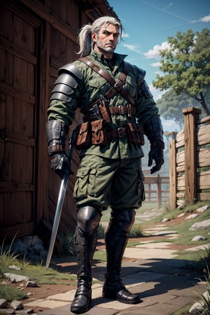 The Serpent stands tall in a full-body shot, his determined expression commanding attention. His short ponytail of white hair is tied back by a bandana, adding to the rugged, medieval military vibe. A single right eyepatch and left green eye gleam with intensity, complemented by scruffy beard stubble. He wears fitted army fatigues adorned with chainmail and leather armor, two swords strapped to his back. A utility belt holds various potions and a holster, while tactical camouflage pants with armored sections provide protection. Heavy-duty combat boots, weathered and worn, complete the ensemble, showcasing The Serpent as a masterful warrior in high-quality 4K detail.
