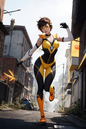 Create an accurate and detailed full-body hover pose of a female character Jena, Petite powerhouse, wears a burnt-orange flight suit, Sleeveless black and yellow striped corset top, Orange goggles on her head, Short spiky dark brown pixie cut hairstyle, Transparent orange and yellow insect-wings, a blend of chronal energy and insect grace, White gauntlet Wrist stingers crackle with bio-electric punch, Black leggings, Yellow knee-high running boots with black accents, Silver circular belt buckle, masterpiece, super detail, 4K, wasp, short hair, blue eyes, choker, headphones,gloves, elbow gloves, makeup, tracer_overwatch, goggles, jacket, orange goggles, bodysuit, bomber jacket, harness, chest harness, orange bodysuit,wasp,tracer_overwatch,photorealistic,Masterpiece