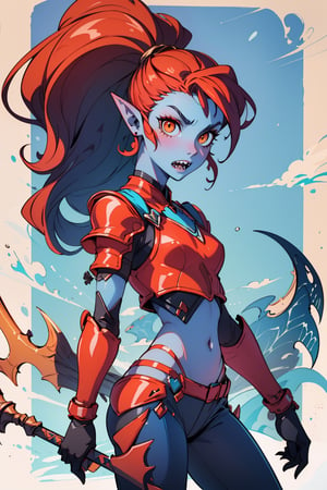 Create a realistic and detailed full-body shot of Sephina masterpiece,  high quality,  4K, dark red hair, (light-blue skin: 1.1), scales, face fins, sharp teeth, orange eyes, pointy ears, casual punk outfit, leather armor