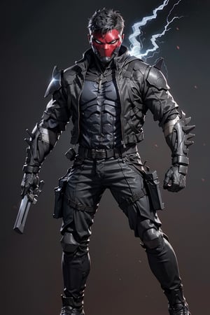 
an accurate and detailed full-body shot of a male superhero character named Wraith, tall and lean bulid, (Crimson half-mask), exposed cybernetic red eye, grafted cybernetic jawline, (Spiky white fringe hair), (choppy black undercut hair), Skintight black ninja-tech suit with crimson energized circuitry, (electric blue biker jacket), asymmetric collar, rolled sleeves, Gunmetal armor plates on shoulders, chest emblem, (Fitted burgundy leather moto-pants), (blue-gray armorized cargo panels), Knee guards, armored greaves, black combat boots, cyberized gunmetal strike gauntlet, Holsters, sheaths, tech-utility pouches, holding an obsidian high-frequency katana, masterpiece, high quality, 4K, raidenmgr, nero, rhdc, a man, red helment, brown leather jacket, gray skintight suit, gloves, belt, boots