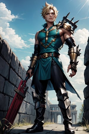 A wide angle full-length shot of Zepheus, Zepheus has a lean yet muscular warrior’s build, dirty blonde hair styled in a swept-back manner partially covering one piercing blue-green eye, His fair olive skin tone contrasts with his hair, Defined facial features like jawline and cheekbones, His outfit features a combat dark blue-green tunic with gold embellishments and intricate patterns, Greek-style leather greaves and vambraces have steampunk-esque accents, Earth-toned fantasy boots are accented in bronze and copper, a metal wolf skull pauldron over one shoulder adds a touch of fantasy, Red colored trim details throughout the ensemble tie the look together and symbolize Zepheus’ connection to underworld deities and realms, his design reflects his unique heritage and conflicting loyalties, 4K, masterpiece, high details, 4K, zagreus, Laurel crown, Single bare shoulders, Spiked hair, Greek clothes, ootLink, Cloud, CDGear