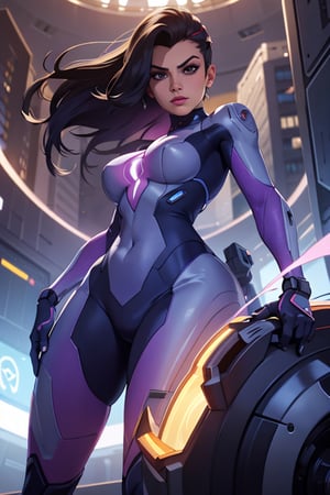 Capture the essence of Sovia, a fierce and futuristic character born from the fusion of Sombra and Samus. Show her in a full-length portrait standing in an alien city, donning a cutting-edge cyber hacker suit that seamlessly blends with her high-tech power suit. Emphasize realistic and detailed elements in the portrait to bring out the intricate design and her confident aura. samus aran,samus aran