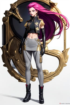 an accurate and detailed full-body shot of a young adult female character named Alyssa, sexy yet sinister aesthetic with military avant-garde accents, emphasizing curves and militaristic accents, (Long pink hair), a military imperial cap, (purple eye color:1.2), (seductive makeup), (fitted black cropped tank top), (a bold red "R" emblem on the chest:1.2), (gold military epaulettes on shoulders:1.2), (a sleek gray longline vest with a high funnel collar:1.2), metallic embroidery detailing, medium pencil skirt, (calf-length gray leggings with geometric patterns), long gray military gloves, (soft-knit wedge boots), masterpiece, high quality, 4K, jessie