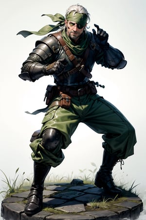 an accurate and detailed full body shot of an adult male character named The Serpent, determined expression, muscular and agile build, white hair, (short ponytail), (bandana:1.2), (right eyepatch:1.5), (left green eye:1.5), beard stubble, (medieval military style), fitted army fatigues, (chainmail and leather armor:1.3), swords on back, Utility Belt with potions and holster, Tactical camouflage pants, Heavy-duty combat boots, weathered and worn, masterpiece, high quality, 4K, Big Boss,