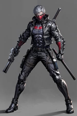 
an accurate and detailed full-body shot of a male superhero character named Wraith, tall and lean bulid, (Crimson half-mask), exposed cybernetic red eye, grafted cybernetic jawline, (Spiky white fringe hair:1.2), (choppy black undercut hairstyle:1.2), Skintight black ninja-tech suit with crimson energized circuitry, (electric blue biker jacket), asymmetric collar, rolled sleeves, Gunmetal armor plates on shoulders, chest emblem, (Fitted burgundy leather moto-pants), (blue-gray armorized cargo panels), Knee guards, armored greaves, black combat boots, cyberized gunmetal strike gauntlet, Holsters, sheaths, tech-utility pouches, holding an obsidian high-frequency katana, masterpiece, high quality, 4K, raidenmgr, nero, rhdc, a man, red helment, brown leather jacket, gray skintight suit, gloves, belt, boots
