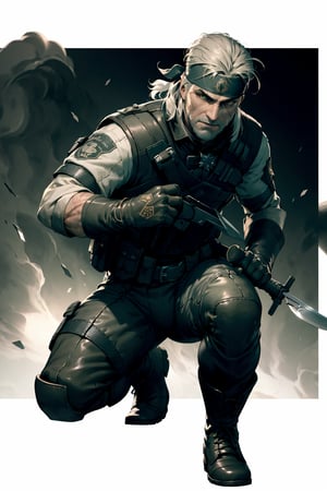 an accurate and detailed full body shot of an adult male character named The Basilisk, muscular and athletic build, Rugged, scarred face, strong jawline, stuble beard, Medium length unkempt hair, Silver hair color, (headband:1.4), green eyes, leather jacket with lightweight metal plates, (tactical vest with basilisk emblem:1.4), long sleeves, Fingerless gloves, Utility belt with pouches and holsters, Combat pants, reinforced knee pads, Heavy-duty combat boots, (holding combat knife:1.2), masterpiece, high quality, 4K, Big Boss, the punisher