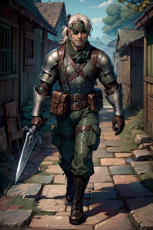 an accurate and detailed full body shot of an adult male character named The Serpent, determined expression, muscular and agile build, white hair, (short ponytail), (bandana:1.2), (right eyepatch:1.5), (left green eye:1.5), beard stubble, (medieval military style), fitted army fatigues, (chainmail and leather armor:1.3), swords on back, Utility Belt with potions and holster, Tactical camouflage pants, Heavy-duty combat boots, weathered and worn, masterpiece, high quality, 4K, Big Boss,