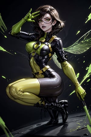 a realistic and detailed full-body shot of a female character named Sheva, Petite, athletic, curvaceous, Pale and pearlescent skin, expressive lips with black lipstick, (Medium length Dark brown hair), asymmetrical and spiky bangs hairstyle, her eyes are Sharp and confident with dark green iris and gold highlights, Green and Yellow Flightsuit with orange trim, black corset, (black and orange leggings), the word 'PULSE' printed on the leggings, (Yellow and black athletic combat boots with white trim), White chronal accelerator harness attached to the chest, (Two orange-green insect-wings), (White gauntlet gloves), prominent circular belt buckle, Green goggles on top of her head, 4K, masterpiece, high quality, tracer_overwatch, goggles, chest harness, bomber jacket, bodysuit, sh1, green eyes, gloves, multicolored bodysuit, makeup, wasp,