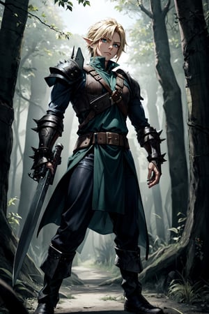 wide full-length shot, action pose, Cole has dirty blonde hair styled with some spikes neat but defiant, His eyes glow blue-green, one eye brighter than the other to show some ancient magic within, He wears a dark green tunic lined with silver plates like an armored SOLDIER uniform, The tunic extends to his knees for ease of movement, Underneath is a black undershirt with one sleeve missing to allow greater shoulder movement, He wears a pauldron on his other shoulder, He wears tough leather gauntlets on both hands and arms, Cole wields a single-edged broadsword reminiscent of the Buster Sword but lighter and engraved with Hylian runes along its fuller, At his waist hangs gadgets like bombs, and a hookshot, His boots appear made for both forest treks and urban missions, Cole's personality echoes his heroic determinations tempered by dark burdens, masterpiece, high quality, 4K, Cloud, ootLink, holding_swor