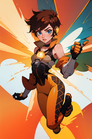Create an accurate and detailed full-body flying pose of a female character Jena, Petite powerhouse, wears a burnt-orange flight suit, Sleeveless black and yellow striped corset top, Orange goggles on her head, Short spiky dark brown pixie cut hairstyle, Transparent orange and yellow insect-wings, a blend of chronal energy and insect grace, White gauntlet Wrist stingers crackle with bio-electric punch, Black leggings, Yellow knee-high running boots with black accents, Silver circular belt buckle, masterpiece, super detail, 4K, wasp, short hair, blue eyes, choker, headphones,gloves, elbow gloves, makeup, tracer_overwatch, goggles, jacket, orange goggles, bodysuit, bomber jacket, harness, chest harness, orange bodysuit,wasp,tracer_overwatch,photorealistic,Masterpiece,(best quality