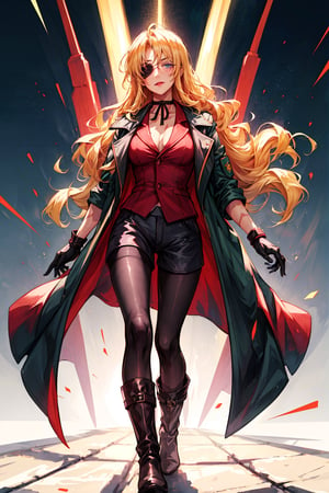 an accurate and detailed full-body shot of a female character named Nicia, 1 girl, Tall and slender, burn scars on the right side of her face and body., medium-length messy blonde hair, Piercing blue eyes, Eyepatch over her right eye, (wine-colored vest), black chino shorts, ((Black pantyhose)), boots, red ribbon choker, Rose-colored lipstick, green military coat draped over shoulders, masterpiece, high quality, 4K, balalaika, blonde hair, eyepatch, glasses, red vest, ribbon choker, burn scars, black pants, brown high boots, fingerless gloves,