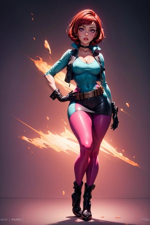 an accurate and detailed full-body shot of Lori, masterpiece, high quality, 4K, coiffed wavy bob hairstyle, red hair, violet eyes, choker, (magenta skintight bodysuit), teal open vest, mini skirt, utility belt, gloves, high-heeled boots,
