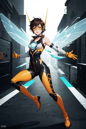 Create an accurate and detailed full-body flying pose of a female character Jena, Petite powerhouse, wears a burnt-orange flight suit, Sleeveless black and yellow striped corset top, Orange goggles on her head, Short spiky dark brown pixie cut hairstyle, Transparent orange and yellow insect-wings, a blend of chronal energy and insect grace, White gauntlet Wrist stingers crackle with bio-electric punch, Black leggings, Yellow knee-high running boots with black accents, Silver circular belt buckle, masterpiece, super detail, 4K, wasp, short hair, blue eyes, choker, headphones,gloves, elbow gloves, makeup, tracer_overwatch, goggles, jacket, orange goggles, bodysuit, bomber jacket, harness, chest harness, orange bodysuit, wasp,tracer_overwatch
