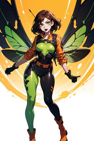 an accurate and detailed full-body shot of a female character named Sheva,  Petite,  athletic,  curvaceous,  Pale and pearlescent skin,  expressive lips with black lipstick,  (Medium length Dark brown hair),  asymmetrical and spiky bangs hairstyle,  her eyes are Sharp and confident with dark green iris and gold highlights,  Green and Yellow Flightsuit,  black corset,  (black and orange leggings),  the word 'PULSE' printed on the leggings,  (Yellow and black athletic combat boots with white trim),  (White chronal accelerator harness attached to the chest),  (Two orange-green insect-wings),  (White gauntlet gloves),  prominent circular belt buckle,  Green goggles on top of her head,  4K,  masterpiece,  high quality,  (((green flightsuit: 1))), goggles, chest harness, white gloves, insect wings, black lipstick