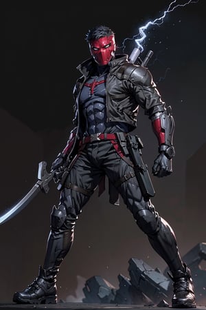 
an accurate and detailed full-body shot of a male superhero character named Wraith, tall and lean bulid, (Crimson half-mask), exposed cybernetic red eye, grafted cybernetic jawline, (Spiky white fringe hair), (choppy black undercut hair), Skintight black ninja-tech suit with crimson energized circuitry, (electric blue biker jacket), asymmetric collar, rolled sleeves, Gunmetal armor plates on shoulders, chest emblem, (Fitted burgundy leather moto-pants), (blue-gray armorized cargo panels), Knee guards, armored greaves, black combat boots, cyberized gunmetal strike gauntlet, Holsters, sheaths, tech-utility pouches, holding an obsidian high-frequency katana, masterpiece, high quality, 4K, raidenmgr, nero, rhdc, a man, red helment, brown leather jacket, gray skintight suit, gloves, belt, boots,