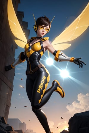Create an accurate and detailed full-body hover pose of a female character Jena, Petite powerhouse, wears a burnt-orange flight suit, Sleeveless black and yellow striped corset top, Orange goggles on her head, Short spiky dark brown pixie cut hairstyle, Transparent orange and yellow insect-wings, a blend of chronal energy and insect grace, White gauntlet Wrist stingers crackle with bio-electric punch, Black leggings, Yellow knee-high running boots with black accents, Silver circular belt buckle, masterpiece, super detail, 4K, wasp, short hair, blue eyes, choker, headphones,gloves, elbow gloves, makeup, tracer_overwatch, goggles, jacket, orange goggles, bodysuit, bomber jacket, harness, chest harness, orange bodysuit,wasp,tracer_overwatch,photorealistic,Masterpiece
