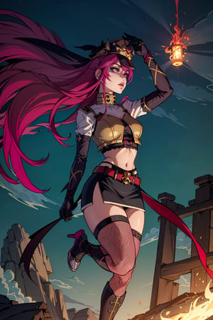 an accurate and detailed full body shot of a young adult female character named Rosaltis, a determined and mysterious aura, (Long flowing magenta hair with pink highlights:1.5), violet-indigo eyes, Seductive makeup, defined lips, (Imperial Veil Crown:1.3), (a white high collar crop top:1.7), (a gothic lace corset underneath crop top:1.4), (Long black opera gloves:1.1), (gold bracers:1.2), (A long black slit-skirt:1.3), Fishnet stockings, Red and gold garter belts, (knee-high Soft-knit wedge heels:1.2), A black belt with various trinkets, Flowing red ribbons, gold accent jewelry, masterpiece, high quality, 4K, rosaria(genshin impact), jessie pokemon, Altair Recreators,