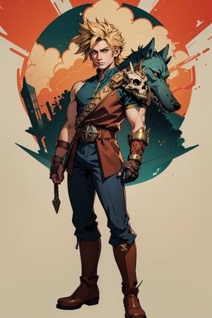 A wide angle full-length shot of Zepheus,  Zepheus has a lean yet muscular warrior’s build,  dirty blonde hair styled in a swept-back manner partially covering one piercing blue-green eye,  His fair olive skin tone contrasts with his hair,  Defined facial features like jawline and cheekbones,  His outfit features a combat dark blue-green tunic with gold embellishments and intricate patterns,  Greek-style leather greaves and vambraces have steampunk-esque accents,  Earth-toned fantasy boots are accented in bronze and copper,  a metal wolf skull pauldron over one shoulder adds a touch of fantasy,  Red colored trim details throughout the ensemble tie the look together and symbolize Zepheus’ connection to underworld deities and realms,  his design reflects his unique heritage and conflicting loyalties