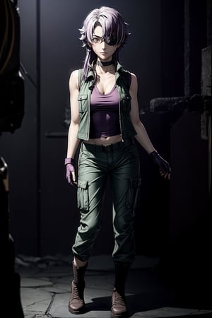 an accurate and detailed full-body shot of a female character named Macey, (1 girl:2), athletic and fit, (Medium-length hair), (blonde hair with purple streaks:1.4), (wavey with swept bangs hairstyle), eyepatch over left eye, purple eye color, (burn Scars on right side of face and arms), black choker with spikes, a (red tank top:1.6) with an (open green vest jacket:1.4), (black military cargo pants:1.5), Black belt with explosives, black Fingerless biker gloves, stylish combat boots, masterpiece, high quality, 4K, blonde hair, eyepatch, glasses, red vest, ribbon choker, burn scars, brown high boots, fingerless gloves, minene uryuu, (eyepatch), bare arms