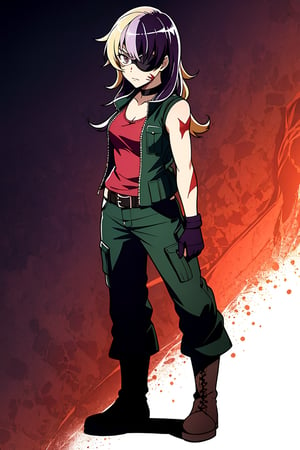 an accurate and detailed full-body shot of a female character named Macey, (1 girl:2), athletic and fit, (Medium-length hair), (blonde hair with purple streaks:1.4), (wavey with swept bangs hairstyle), eyepatch over left eye, purple eye color, (burn Scars on right side of face and arms), black choker with spikes, a (red tank top:1.6) with an (open green vest jacket:1.4), (black military cargo pants:1.5), Black belt with explosives, black Fingerless biker gloves, stylish combat boots, masterpiece, high quality, 4K, blonde hair, eyepatch, glasses, red vest, ribbon choker, burn scars, brown high boots, fingerless gloves, minene uryuu, (eyepatch), bare arms