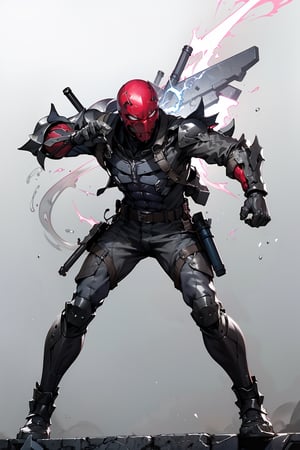 
an accurate and detailed full-body shot of a male superhero character named Wraith, tall and lean bulid, (Crimson half-mask:1.3), exposed cybernetic red eye, grafted cybernetic jawline, (Spiky white fringe hair:1.2), (choppy black undercut hairstyle:1.2), (Skintight black ninja-tech suit with crimson energized circuitry:1.1), (electric blue biker jacket:1.1), asymmetric collar, rolled sleeves, Gunmetal armor plates on shoulders, chest emblem, (Fitted burgundy leather moto-pants), (blue-gray armorized cargo panels), Knee guards, armored greaves, black combat boots, cyberized gunmetal strike gauntlet, Holsters, sheaths, tech-utility pouches, holding an obsidian high-frequency katana, masterpiece, high quality, 4K, raidenmgr, nero, rhdc, a man, red helment, brown leather jacket, gray skintight suit, gloves, belt, boots