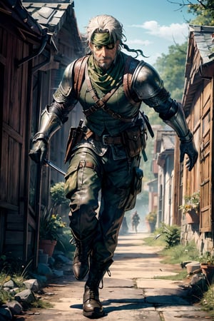 an accurate and detailed full body shot of an adult male character named The Serpent, determined expression, muscular and agile build, white hair, (short ponytail), (bandana:1.2), (right eyepatch:1.5), (left green eye:1.5), beard stubble, (medieval military style), fitted army fatigues, (chainmail and leather armor:1.3), swords on back, Utility Belt with potions and holster, Tactical camouflage pants, Heavy-duty combat boots, weathered and worn, masterpiece, high quality, 4K, Big Boss,