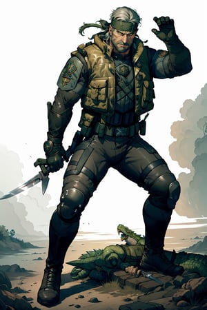 an accurate and detailed full body shot of an adult male character named The Basilisk, muscular and athletic build, Rugged, scarred face, strong jawline, stuble beard, Medium length unkempt hair, Silver hair color, (headband:1.4), (glowing green eyes:1.1), leather jacket with lightweight metal plates, (tactical vest with basilisk emblem:1.4), long sleeves, Fingerless gloves, Utility belt with pouches and holsters, Combat pants, reinforced knee pads, Heavy-duty combat boots, (holding combat knife:1.2), masterpiece, high quality, 4K, Big Boss, the punisher