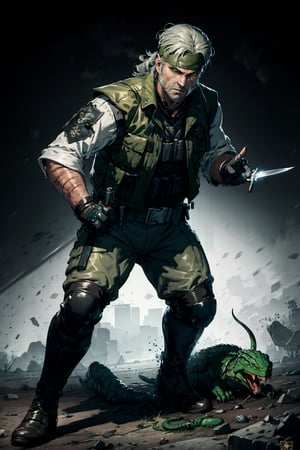 an accurate and detailed full body shot of an adult male character named The Basilisk, muscular and athletic build, Rugged, scarred face, strong jawline, stuble beard, Medium length unkempt hair, Silver hair color, (headband:1.4), (glowing green eyes:1.1), leather jacket with lightweight metal plates, (tactical vest with basilisk emblem:1.4), long sleeves, Fingerless gloves, Utility belt with pouches and holsters, Combat pants, reinforced knee pads, Heavy-duty combat boots, (holding combat knife:1.2), masterpiece, high quality, 4K, Big Boss, the punisher