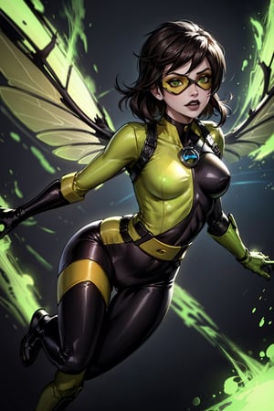 a realistic and detailed full-body shot of a female character named Sheva, Petite, athletic, curvaceous, Pale and pearlescent skin, expressive lips with black lipstick, (Medium length Dark brown hair), asymmetrical and spiky bangs hairstyle, her eyes are Sharp and confident with dark green iris and gold highlights, Green and Yellow Flightsuit with orange trim, black corset, (black and orange leggings), the word 'PULSE' printed on the leggings, (Yellow and black athletic combat boots with white trim), White chronal accelerator harness attached to the chest, (Two orange-green insect-wings), (White gauntlet gloves), prominent circular belt buckle, Green goggles on top of her head, 4K, masterpiece, high quality, tracer_overwatch, goggles, chest harness, bomber jacket, bodysuit, sh1, green eyes, gloves, multicolored bodysuit, makeup, wasp,sh1,multicolored bodysuit,Masterpiece,tracer_overwatch