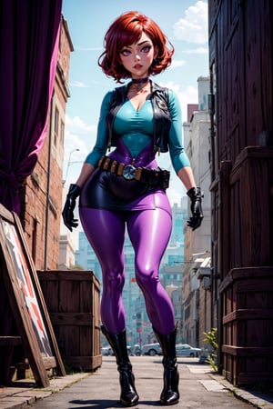 an accurate and detailed full-body shot of Lori, masterpiece, high quality, 4K, coiffed wavy bob hairstyle, red hair, violet eyes, choker, (magenta purple skintight bodysuit),long sleeves, teal open vest, mini skirt, utility belt, gloves, high-heeled boots, wide hips