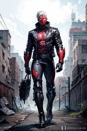 an accurate and detailed full-body shot of a male superhero character named Wraith, tall and lean bulid, red mask, white hair, ninja-tech suit, leather jacket with high collar, armor plates, greaves, gauntlets, moto-pants, combat boots,white spiky hair,biker jacket with high collar