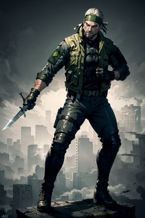 an accurate and detailed full body shot of an adult male character named The Basilisk, muscular and athletic build, Rugged, scarred face, strong jawline, stuble beard, Medium length unkempt hair, Silver hair color, (headband:1.4), (glowing green eyes:1.1), leather jacket with lightweight metal plates, (tactical vest with basilisk emblem:1.4), long sleeves, Fingerless gloves, Utility belt with pouches and holsters, Combat pants, reinforced knee pads, Heavy-duty combat boots, (holding combat knife:1.2), masterpiece, high quality, 4K, Big Boss, the punisher