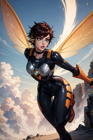Create an accurate and detailed full-body flying pose of a female character Jena, Petite powerhouse, wears a burnt-orange flight suit, Sleeveless black and yellow striped corset top, Orange goggles on her head, Short spiky dark brown pixie cut hairstyle, Transparent orange and yellow insect-wings, a blend of chronal energy and insect grace, White gauntlet Wrist stingers crackle with bio-electric punch, Black leggings, Yellow knee-high running boots with black accents, Silver circular belt buckle, masterpiece, super detail, 4K, wasp, short hair, blue eyes, choker, headphones,gloves, elbow gloves, makeup, tracer_overwatch, goggles, jacket, orange goggles, bodysuit, bomber jacket, harness, chest harness, orange bodysuit, wasp,tracer_overwatch,nsfw