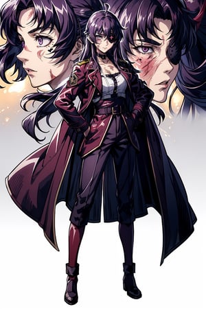 an accurate and detailed full-body shot of a female character named Minia, leader pose, Tall,  athletic and toned,  stern expression, light-purple hair, Long ponytail,  messy bangs hairstyle,  blue-violet eye color,  eyepatch,  ((burn Scars on her neck and chest and right side of the face:1.3)),  Long,  painted pink nails,  (black blouse:1.2),  (wine-colored military coat:1.4),  (black Military trousers:1.1),  black boots,  masterpiece,  high quality,  4K,  balalaika,  long hair,  combat boots,  minene uryuu,  (eyepatch),