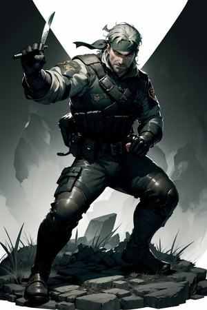 an accurate and detailed full body shot of an adult male character named The Basilisk, muscular and athletic build, Rugged, scarred face, strong jawline, stuble beard, Medium length unkempt hair, Silver hair color, (headband:1.4), green eyes, leather jacket with lightweight metal plates, (tactical vest with basilisk emblem:1.4), long sleeves, Fingerless gloves, Utility belt with pouches and holsters, Combat pants, reinforced knee pads, Heavy-duty combat boots, (holding combat knife:1.2), masterpiece, high quality, 4K, Big Boss, the punisher